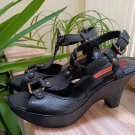 Via Spiga Women's Black Leather T-Strap Platform Sandals w Brass Accents Size 6.5 - NWTS!
