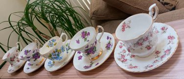 VTG Bone China Tea Cup & Saucer Sets - Lot of 5 - Forget-Me-Nots, Mini Roses, Clematis!