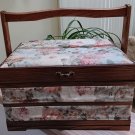 Vintage Wooden & Fabric Two Layer Jewelry, Sewing Box w Movable Handle - 12" Wide! Vintage Wooden & Fabric Two Layer Jewelry, Sewing Box w Movable Handle - 12" Wide!
