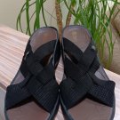 Bzees Disco Black Strappy Wedge Heels Sandals Stretch Woven Slides - WASHABLE - Size 7.5!