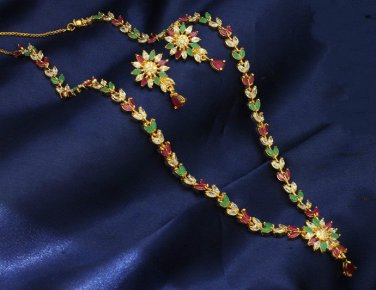 Exotic Colombia Emerald and Ruby Thai Necklace & Earrings Ethnic 22KGP Zircon