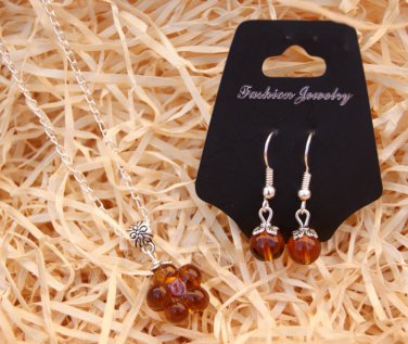 Murano Glass Flower Pendant & Earring Set Amber Pendant 19x25 chain 48cm