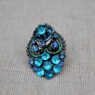 Rhinestone Blue Flower Ring 28x42mm antique silver plated Adjustable