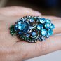 Rhinestone Blue Flower Ring 28x42mm antique silver plated Adjustable