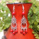Red Silver Chandelier Turquoise Bead Earrings 14x44mm