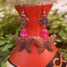Flower & Butterfly earrings filigree copper faceted glass rose 32x52mm