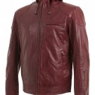 Mens Burgundy Hooded Leather Jacket