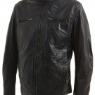 Mens Black Leather Biker Jacket with Stitch Detail