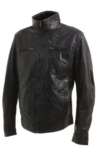 Mens Black Leather Biker Jacket with Stitch Detail