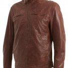 Mens Brown Leather Biker Jacket with Stitch Detail
