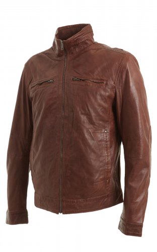 Mens Brown Leather Biker Jacket with Stitch Detail