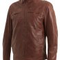 Mens Brown Leather Biker Jacket with Stitch Detail