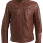 Mens Brown Leather Biker Jacket with Stitch Detail