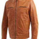 Mens Tan Leather Biker Jacket with Stitch Detail