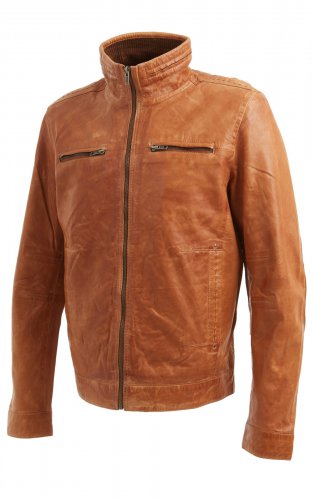 Mens Tan Leather Biker Jacket with Stitch Detail