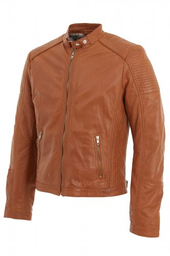 Mens Tan Buckle Neck Leather Biker Jacket size Large