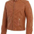Mens Tan Buckle Neck Leather Biker Jacket size XL
