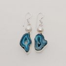 11gm TEENS GIFT- BLUE UNSHAPED SOLAR DRUSY-  PEARL JEWELRY SILVER EARRINGS E621