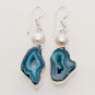 11gm TEENS GIFT- BLUE UNSHAPED SOLAR DRUSY-  PEARL JEWELRY SILVER EARRINGS E621