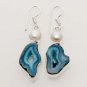 11gm TEENS GIFT- BLUE UNSHAPED SOLAR DRUSY- PEARL JEWELRY SILVER EARRINGS E621