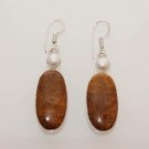 12gm COOL!  NEW YEAR GIFT BROWN JASPER- PEARL JEWELRY SILVER EARRINGS E81