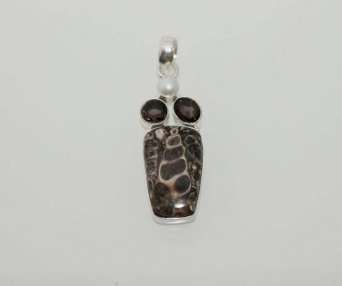 12gm AFRICAN PICTURE JASPER- SMOKEY QUARTZ- PEARL JEWELRY SILVER PENDANT P347