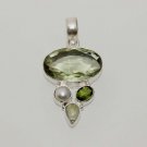 13gm LIGHT GREEN TOPAZ- PERIDOT- PEARL- PHERINITE JEWELRY SILVER PENDANT P354