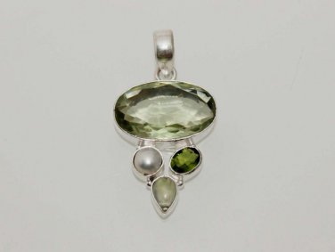 13gm LIGHT GREEN TOPAZ- PERIDOT- PEARL- PHERINITE JEWELRY SILVER PENDANT P354