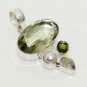 13gm LIGHT GREEN TOPAZ- PERIDOT- PEARL- PHERINITE JEWELRY SILVER PENDANT P354