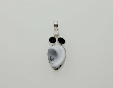 DENDRITE OPAL- BLACK ONYX- PEARL DESIGNER FASHION JEWELRY SILVER PENDANT P344