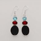 9gm RARE ! BLACK ONYX- GARNET- BLUE TOPAZ FASHION JEWELRY SILVER EARRINGS E535