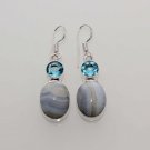9gm BOTSWANA LACE AGATE- BLUE TOPAZ DESIGNER FASHION JEWELRY SILVER EARRING E585