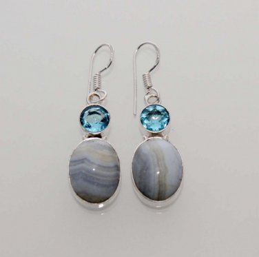 9gm BOTSWANA LACE AGATE- BLUE TOPAZ DESIGNER FASHION JEWELRY SILVER EARRING E585