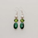 9gm FINE NATURAL MALACHITE- PERIDOT- PEARL FASHION JEWELRY SILVER EARRING E618