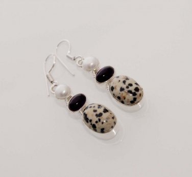 10gm TOP DALMATION JASPER- BLACK ONYX- PEARL FASHION JEWELRY SILVER EARRING E544