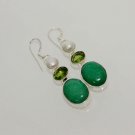 XMAS GIFT- GREEN ONYX-PERIDOT- SEA PEARL FASHION JEWELRY SILVER EARRING E670