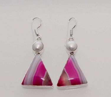 11gm LOVELY PINK BOTSWANA LACE AGATE- PEARL  FASHION JEWELRY SILVER EARRING E583