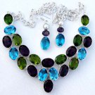 GREEN PERIDOT AMETHYST QUARTZ BLUE TOPAZ PEARL SILVER NECKLACE WITH EARRING N83