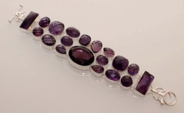 51gm PURPLE AMETHYST QUARTZ CHECKER CUT FASHION JEWELRY SILVER BRACELET B635