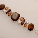UNIQUE BROWN SOLAR DRUZY-TIGER EYE-HONEY QUARTZ-BIWA PEARL SILVER BRACELET B639