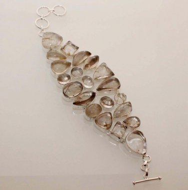 57gm AMAZING ! GOLDEN RUTILE DESIGNER FASHION JEWELRY SILVER BRACELET B728