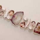 50gm WHITE SOLAR DRUZY-PINK QUARTZ-BIWA PEARL JEWELRY SILVER BRACELET B612