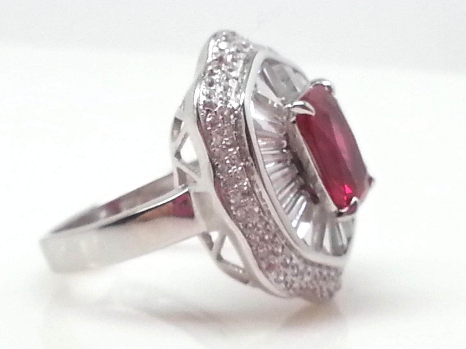 Size 7 Ruby .925 Sterling Silver Rhodium Plated Ring with CZ Baguettes and Paves