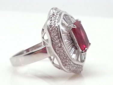 Size 7 Ruby .925 Sterling Silver Rhodium Plated Ring with CZ Baguettes and Paves