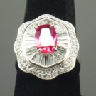 Size 7.5 Ruby .925 Sterling Silver Rhodium Plated Ring with CZ Baguettes and Paves