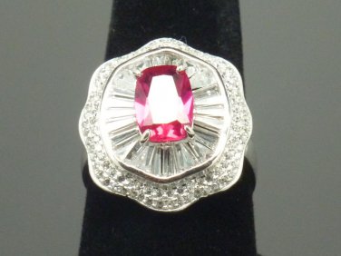 Size 7.5 Ruby .925 Sterling Silver Rhodium Plated Ring with CZ Baguettes and Paves