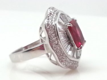 Size 8.5 Ruby .925 Sterling Silver Rhodium Plated Ring with CZ Baguettes and Paves