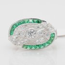 Size 6 - .925 Sterling Silver Antique Reproduction Ring w/CZ Center & Genuine Emeralds - RH Plated