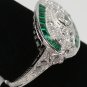 Size 7 - .925 Sterling Silver Antique Reproduction Ring w/CZ Center & Genuine Emeralds - RH Plated