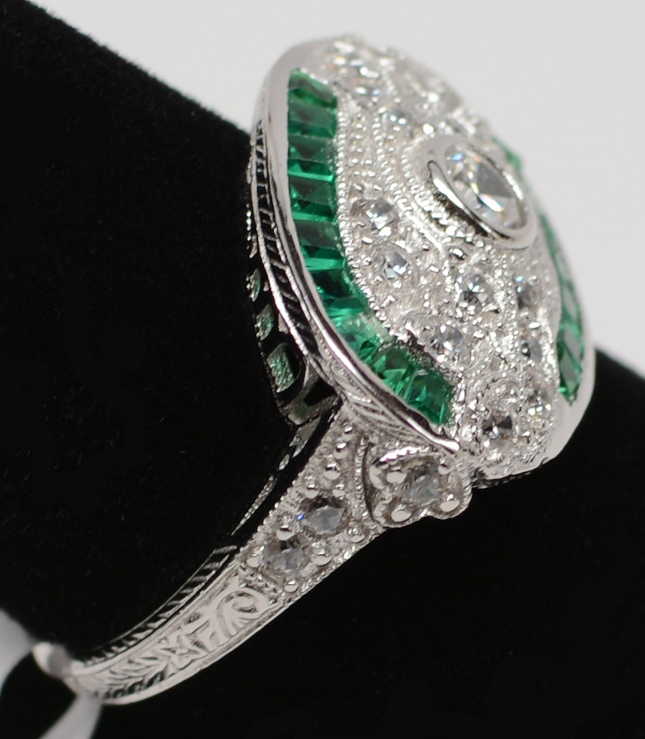 Size 6.5 - .925 Sterling Silver Antique Reproduction Ring w/CZ Center & Genuine Emeralds - RH Plated